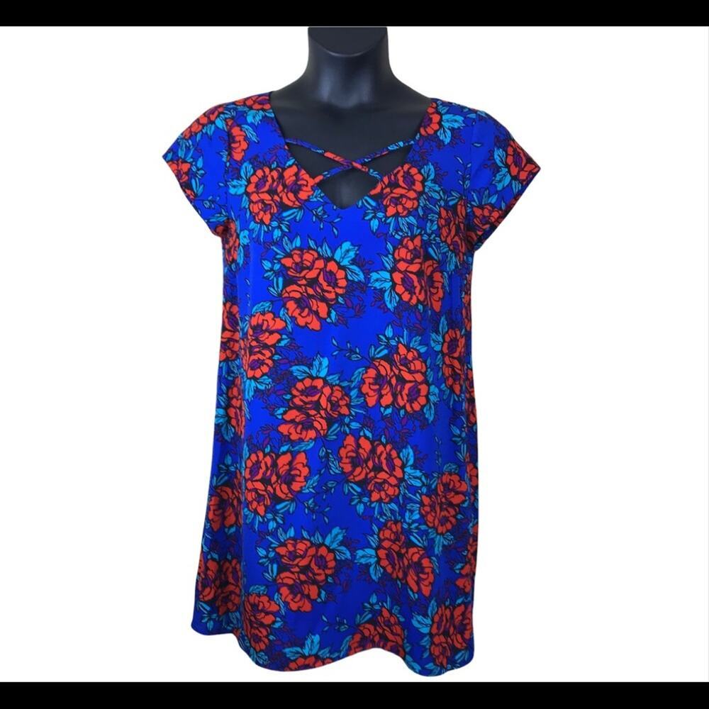 GB GIANNI BINI Floral Dress V Neck with CrissCross Detail Sz Medium